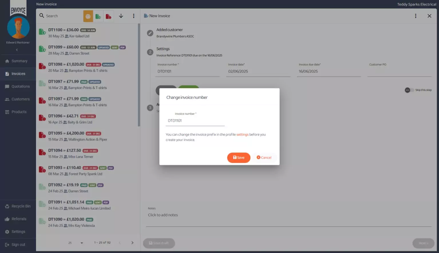 Changing the invoice number