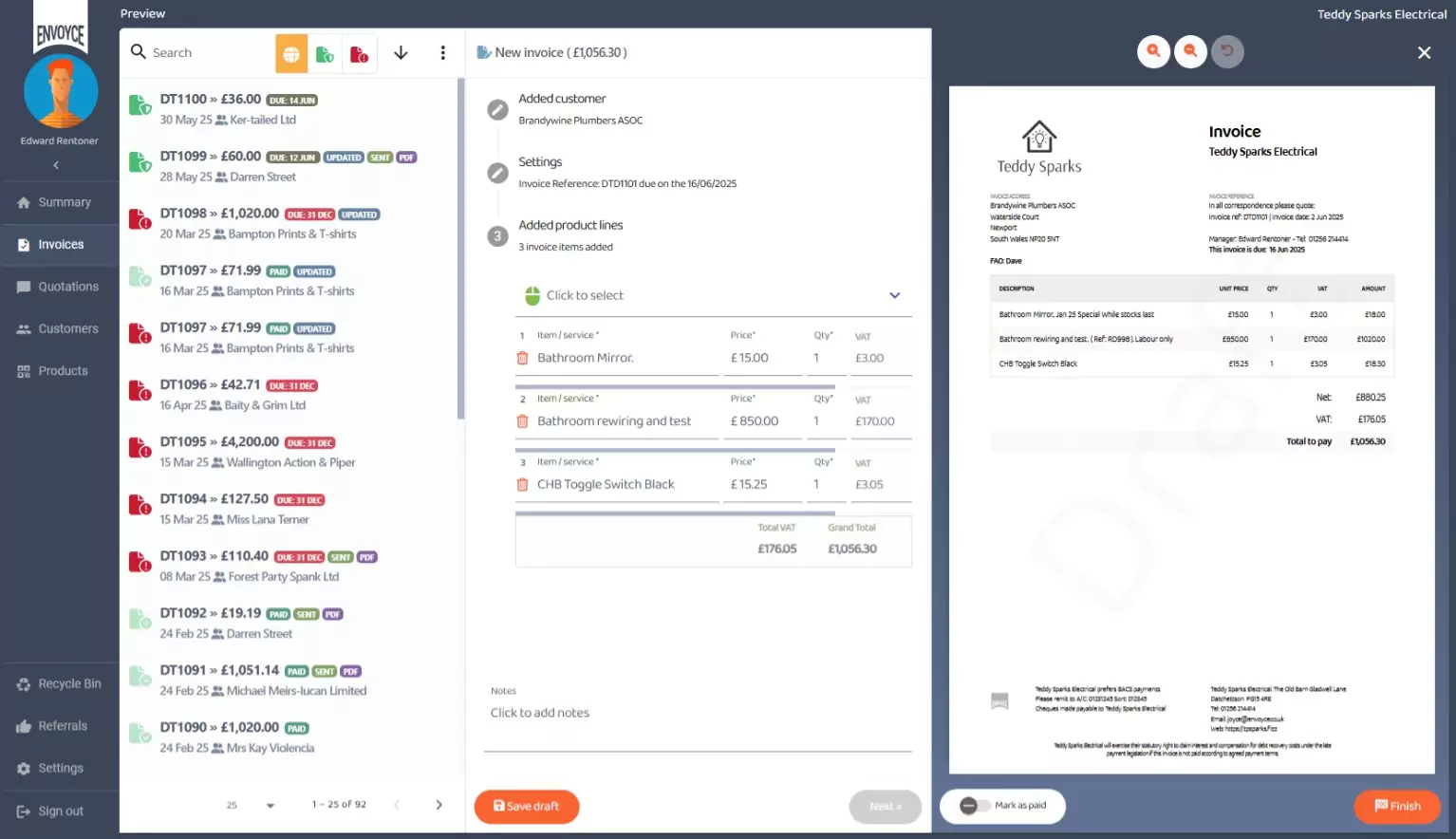 Previewing the draft invoice